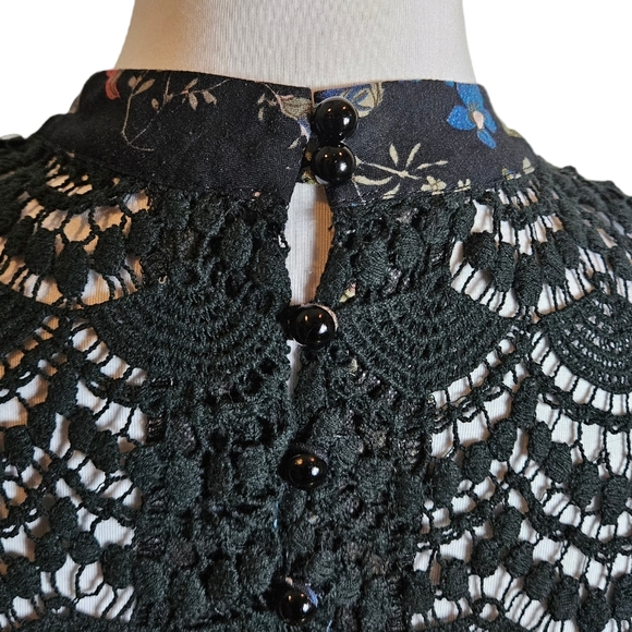 Ethereal by Paper Crane Black Floral Sleeveless Dress Sz S ? Crotchet Trim READ - Picture 14 of 14